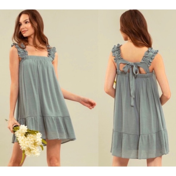 1 LEFT! Sage Tiered Ruffle Detail Lined Tie Back Dress - Picture 2 of 7